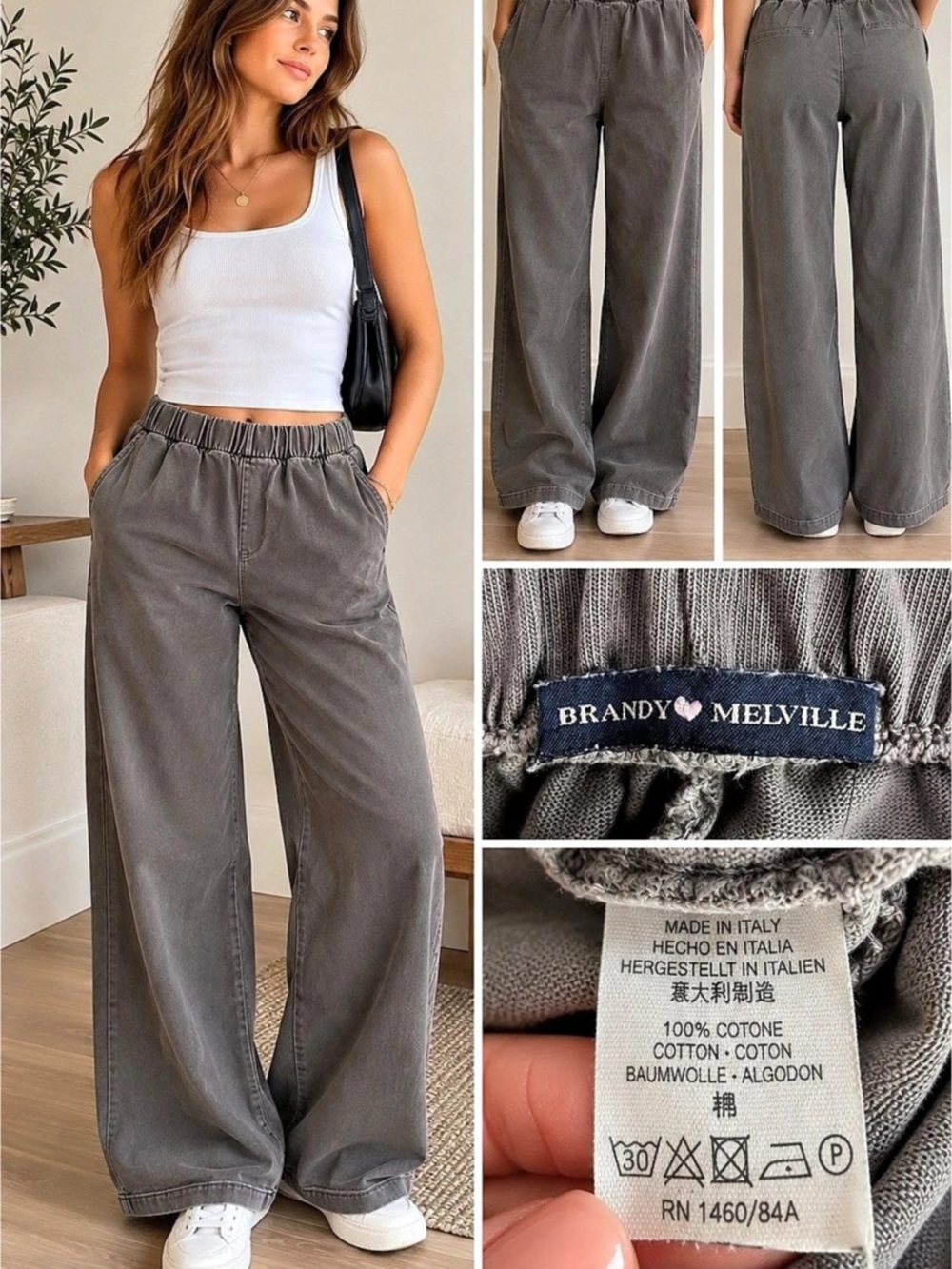 Brandy Melville Wide Leg Cotton Pants in Gray Size Medium Like New
